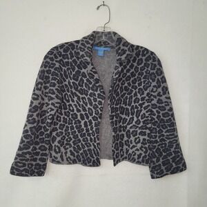 White + Warren Cashmere Leopard Print Sweater Blazer Jacket Size XS Black Grey